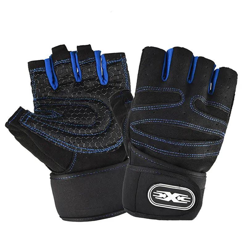 Weightlifting gloves with wrist wrap in black and blue featuring fingerless design, textured palm, breathable mesh panels, and reinforced stitching for enhanced grip and durability.