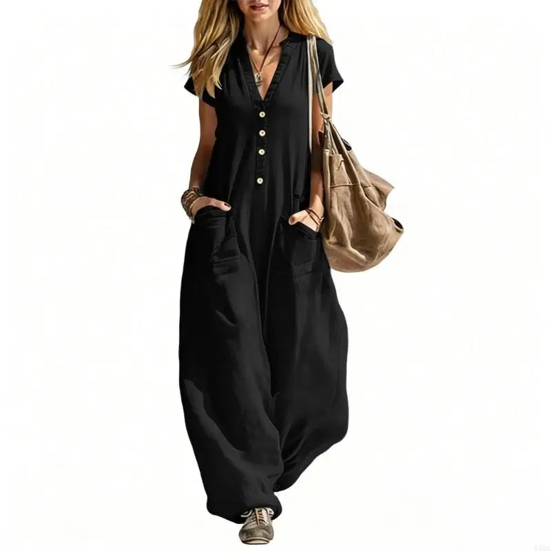 Jumpsuits for Women Linen Button Short Sleeve Jumpsuits Wide Leg V Neck Rompers Vacation Clothes with Pockets 6XDA