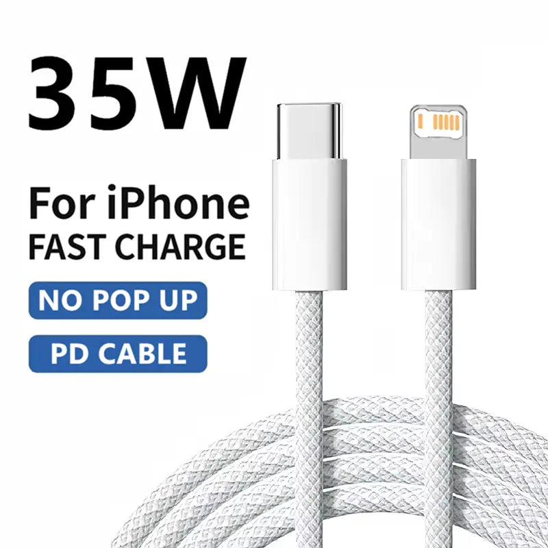White braided USB-C to lightning cable designed for iPhone fast charge with 35w power delivery for efficient and durable charging.