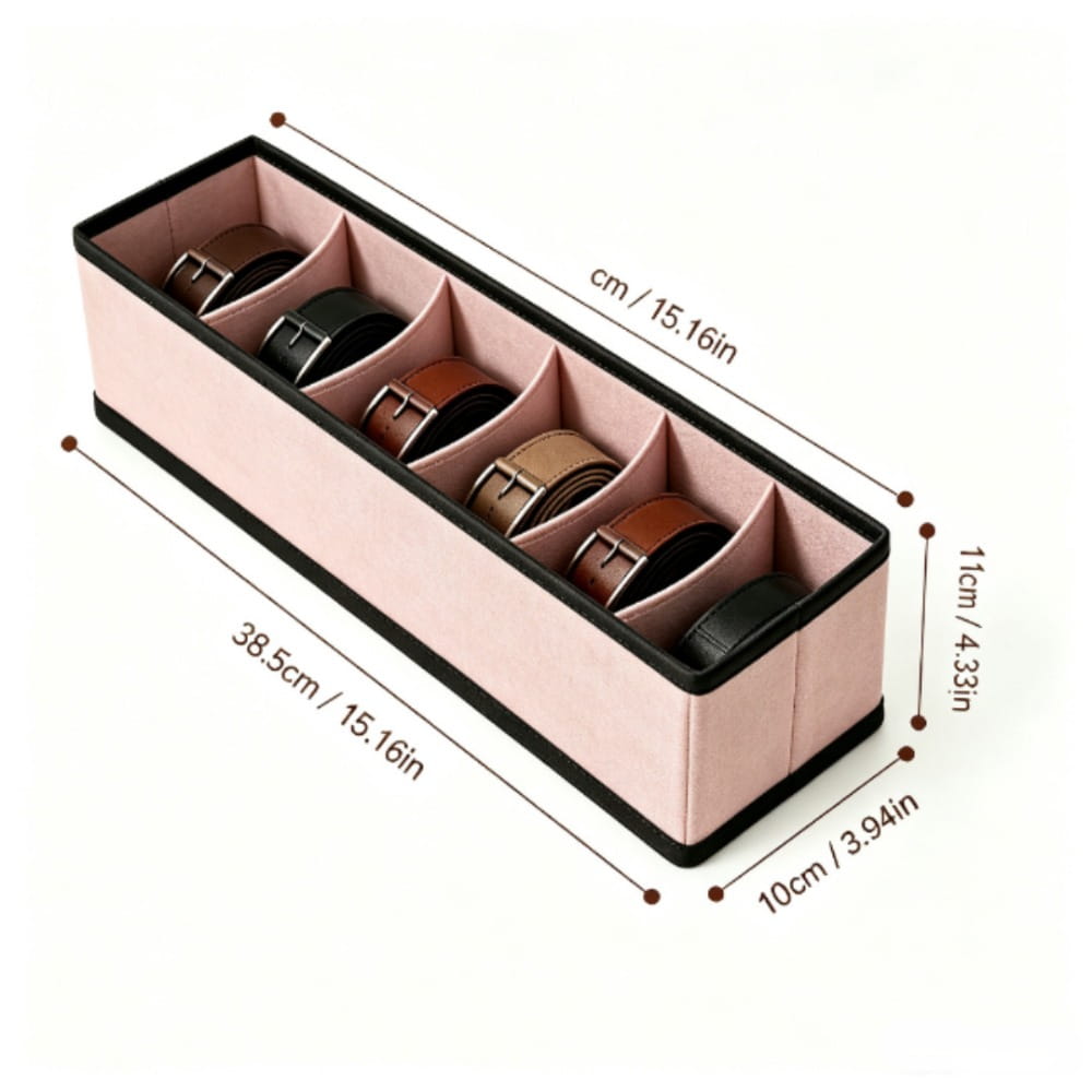 pink velvet drawer organizer with black trim holding multiple brown and black leather belts designed for fabric storage of underwear and socks