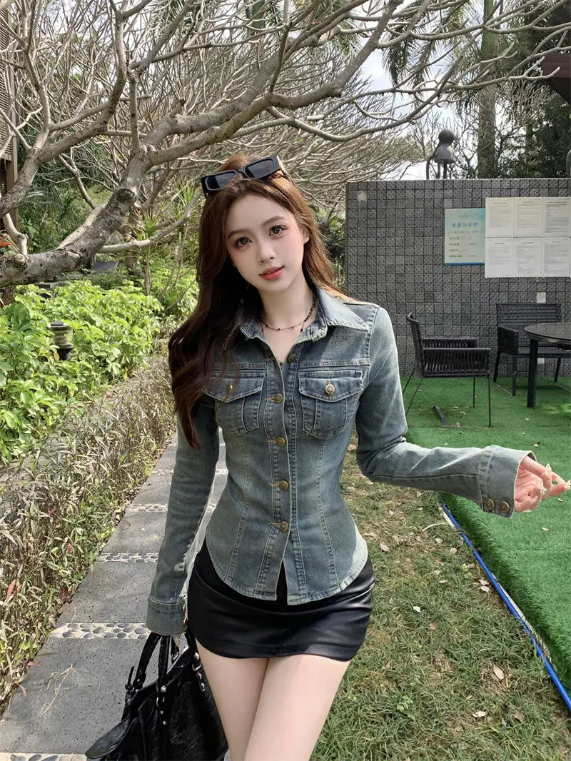 Women Denim Blouse Vintage New Spring Full Cotton Lace Up Solid Casual Jacket Jeans Women Street Style Euro-America Style