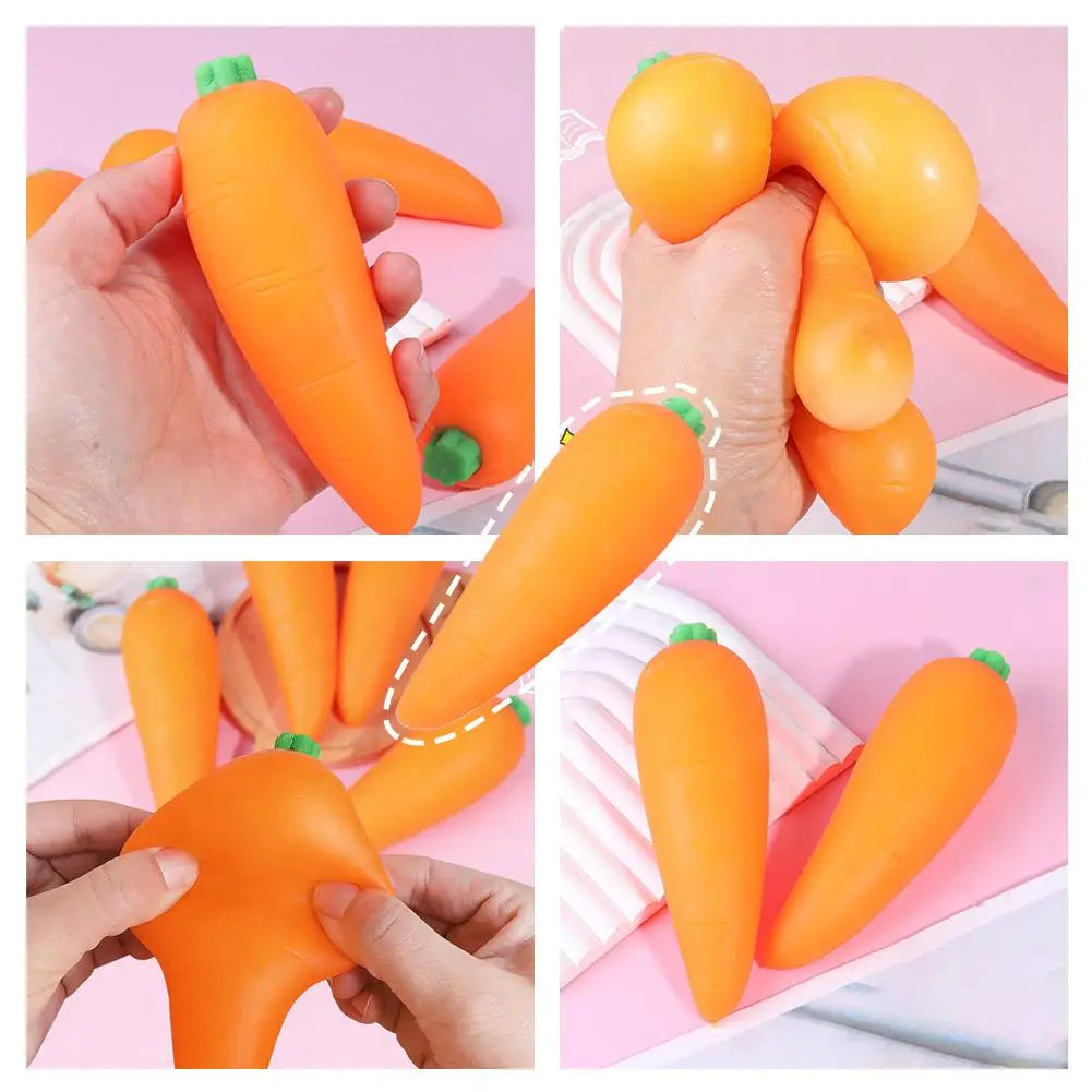 Pelota antiestrés esponjosa en forma de zanahoria naranja de elevación lenta con tapas verdes para aliviar el estrés y el juego sensorial.