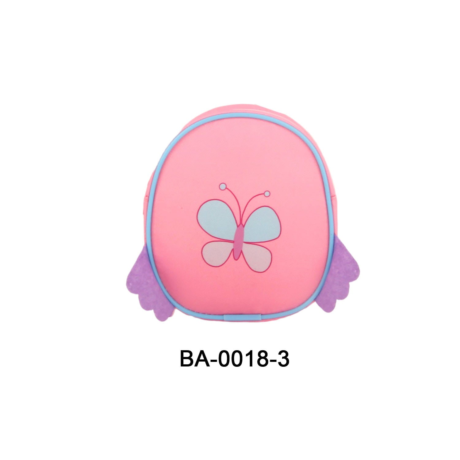 Rosa Schmetterlings-Themen-Puppenrucksack mit violetten Flügeln und hellblauem Besatz, entworfen als niedliches Mini-Cartoon-Reiseetui-Accessoire.