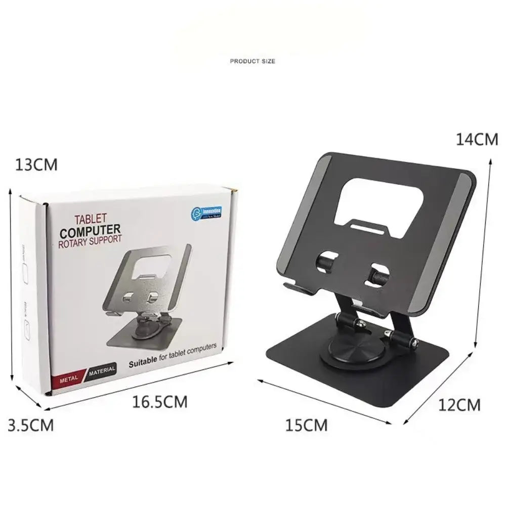 black metal tablet computer rotary support with 360° rotatable adjustable stand and magnetic base shown from the back side.