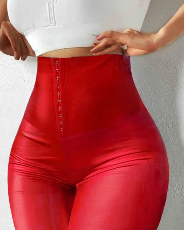 Women's Pants 2024 Spring Fashion Hook Front Liquid Gloss Sauna Sweat Pu Leather High Waist Casual Skinny Daily Long Leggings