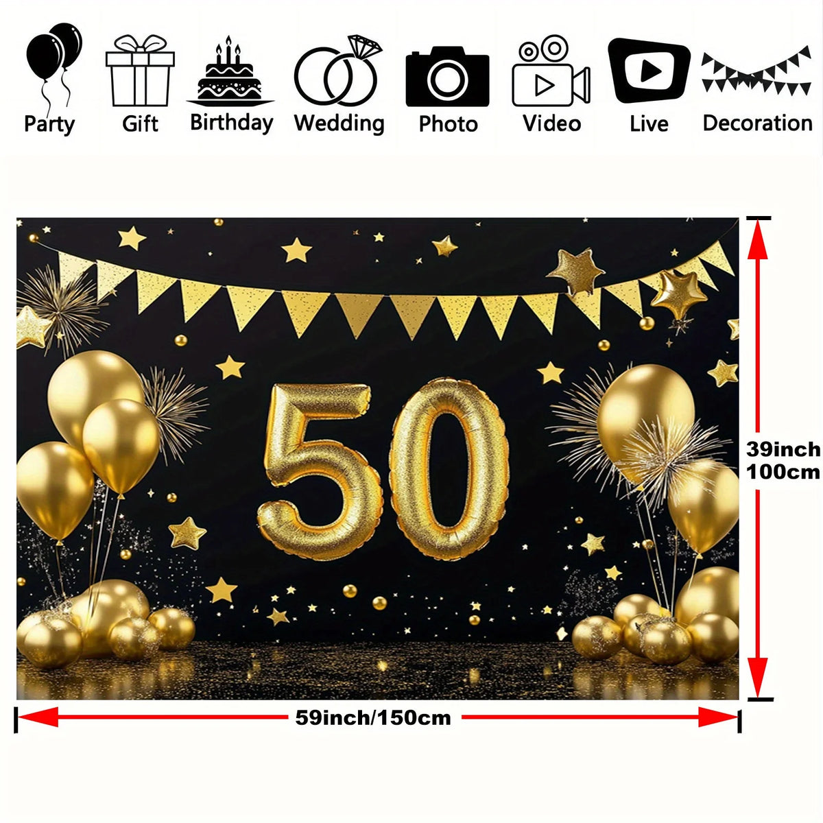 1 50th anniversary celebration banner, - Golden anniversary and birthday party background, photo booth and dessert table