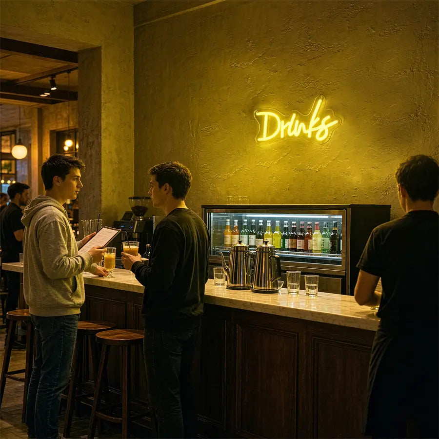 enseigne au néon jaune épelant « drinks » en écriture cursive LED, pour décoration murale