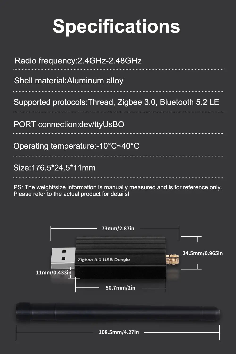 Schwarzer USB-Dongle plus Zigbee 3.0 aus Aluminiumlegierung mit goldfarbenem Antennenanschluss und matter Oberfläche zur Verwendung mit Home Assistant