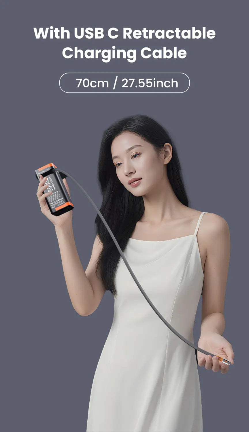 Câble de charge rétractable USB-C noir et orange, au design élégant et compact, pour le power bank Asometech 50000 mAh, 100 W, à charge rapide