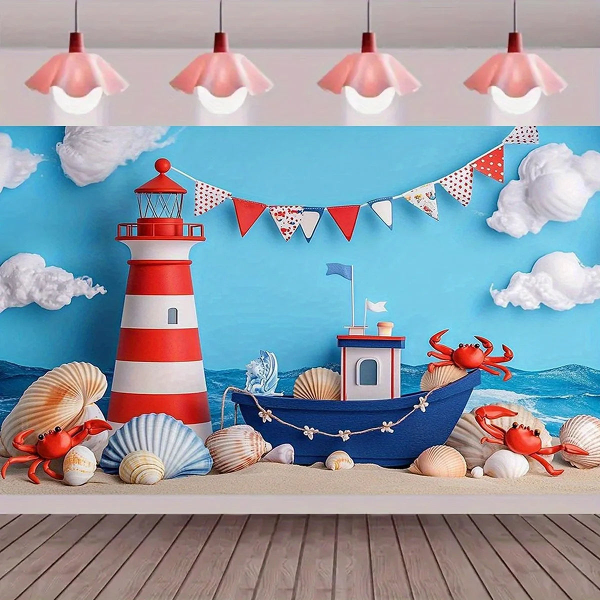 1 children's birthday background cloth with a nautical theme - colorful sailboats, lighthouses, shells and crab patterns