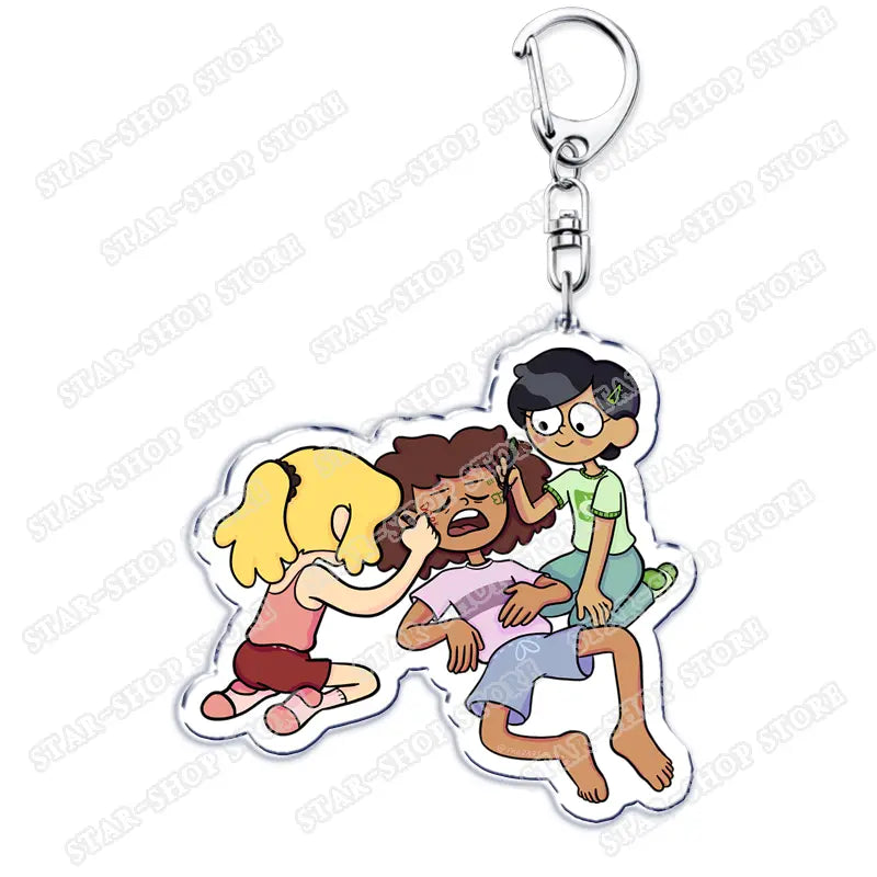 clear acrylic keychain featuring three colorful cartoon characters from the animated series the owl house in a dynamic scene designed as an amphibia anime acrylic keychain cartoon keyring.