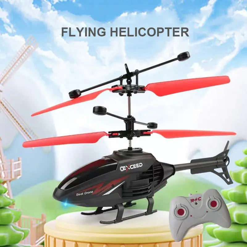 Helicóptero teledirigido de color negro y rojo con marca Exceed, diseñado como un juguete interior con LED, que ofrece un tiempo de carga eficiente y un tiempo de vuelo prolongado.