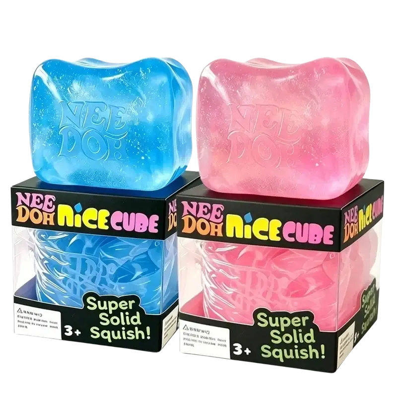 Front view of blue and pink needoh nice big cube shaped fidget toy with glitter filled silicone squishy sides