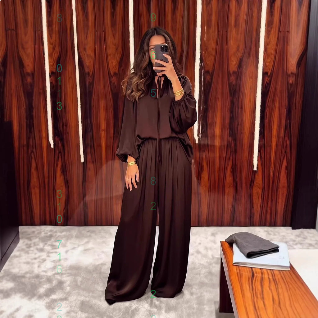 Fashion Women's Matching Set V Neck Tie Front Loose Long Sleeve Tops Pants 2 Piece Outfits Spring Summer