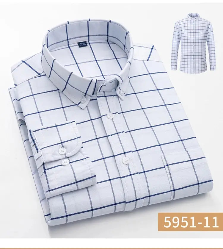 white and navy blue checkered long-sleeve slim fit cotton oxford shirt with a classic collar for men