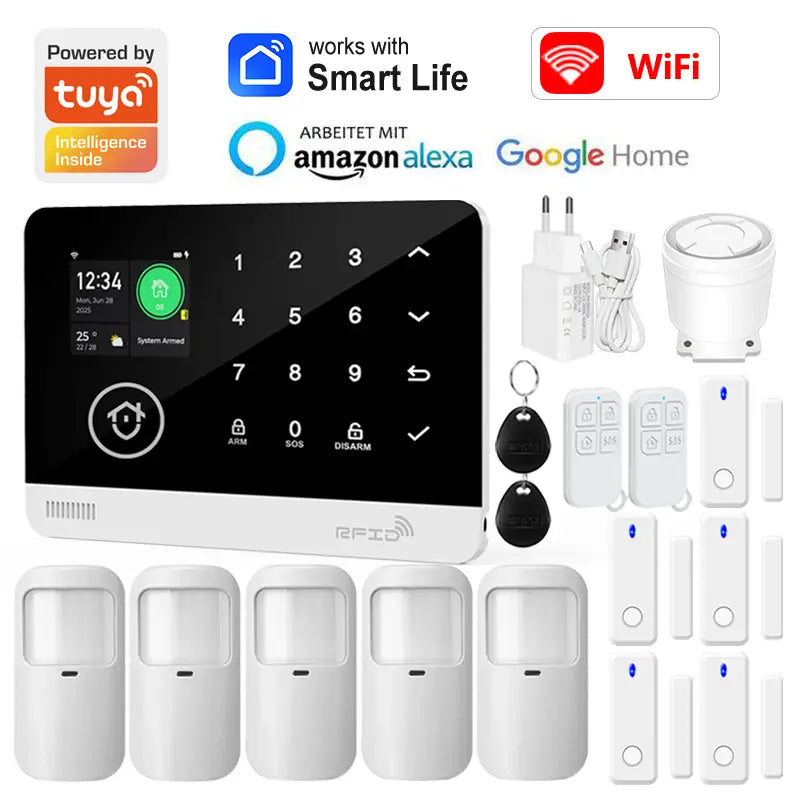 Panneau du système d’alarme de sécurité pour maison intelligente Tuya blanc avec écran tactile noir et affichage du clavier numérique, compatible avec l’application Smart Life pour la gestion de la sécurité du foyer