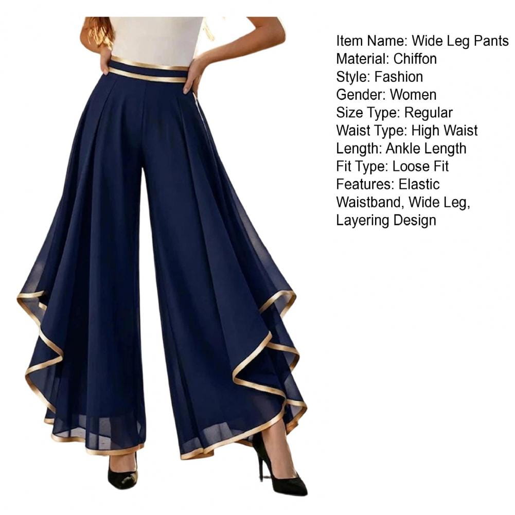 Navy blue chiffon wide leg pants featuring gold trim and a layered high waist design ideal for summer wear.