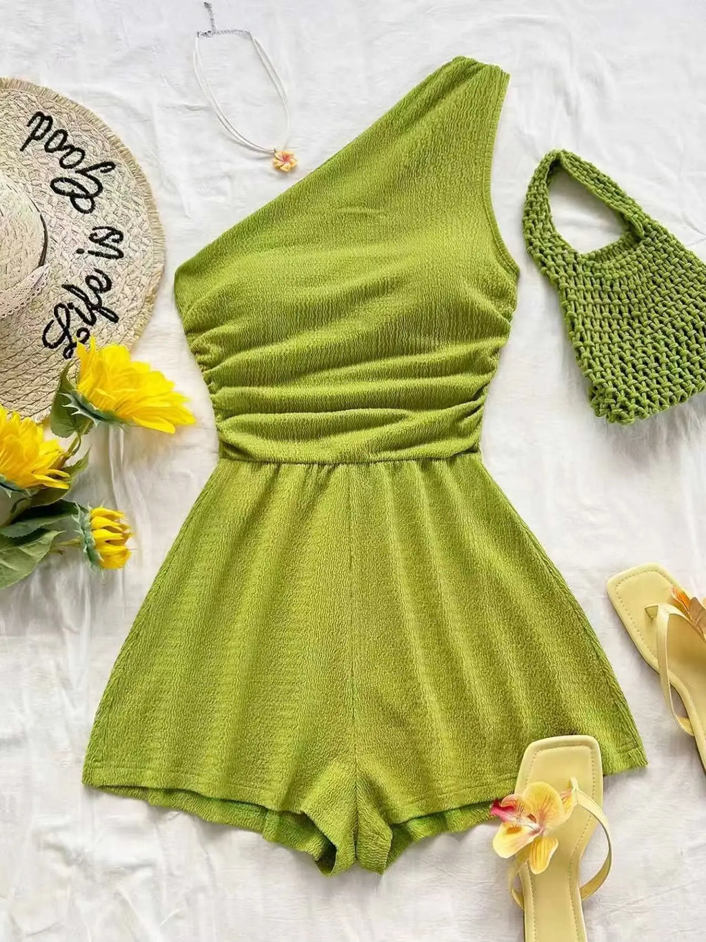 Women One Shoulder Ruched Romper Textured Sleeveless Jumpsuit Wide Leg Shorts Playsuit Casual Summer Beach Vacation Outfits