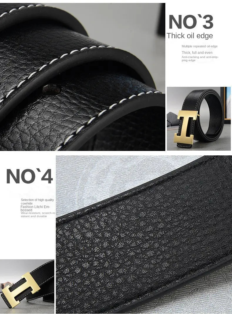 Men’s leather h buckle belt in black with a textured surface, contrasting white stitching along the thick oil edge, and a gold tone h shaped buckle.