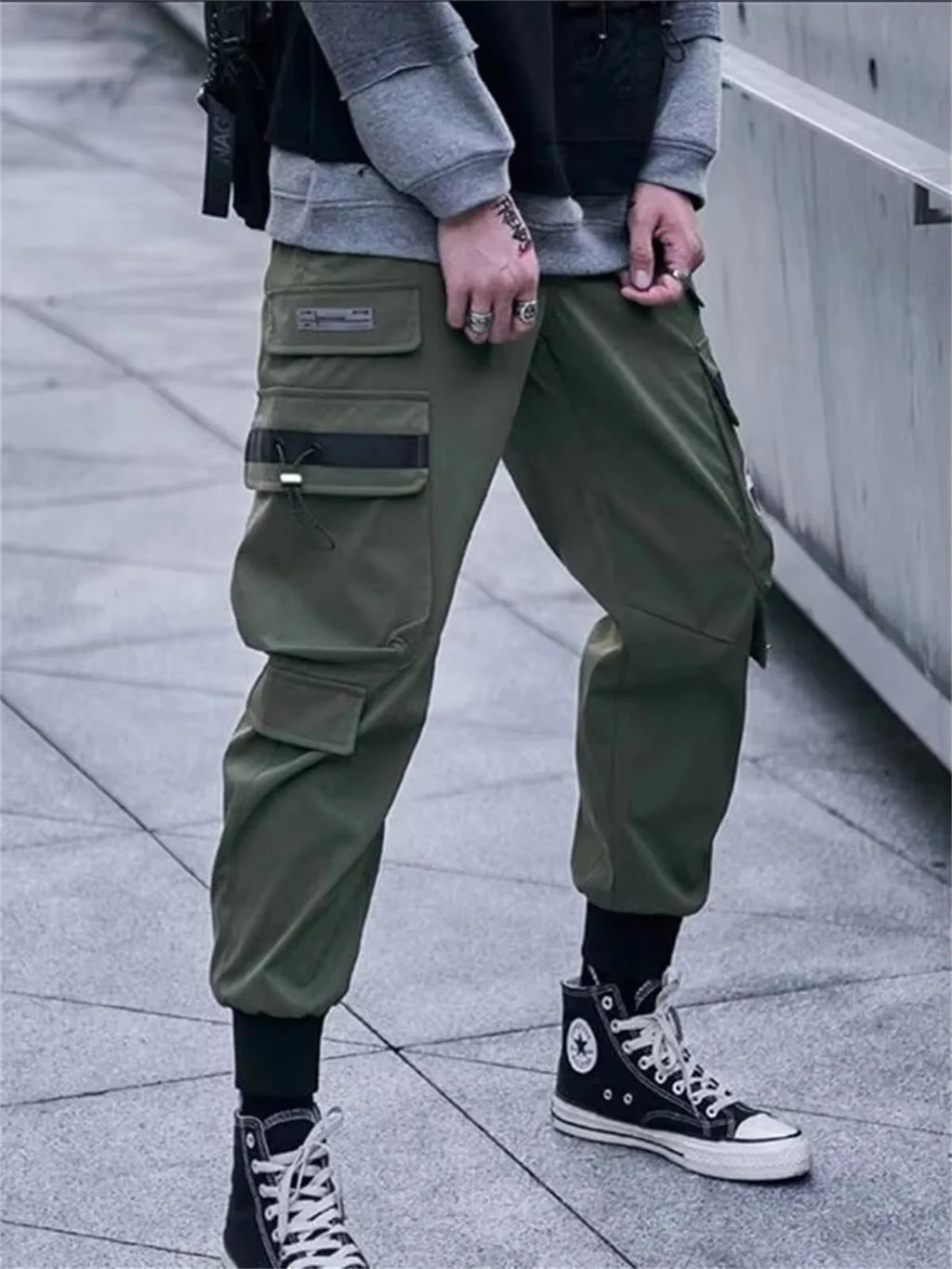 Joggers Cargo Pants for Men Casual Hip Hop Hit Color Pocket Male Trousers Sweatpants Streetwear Ribbons Techwear Pants
