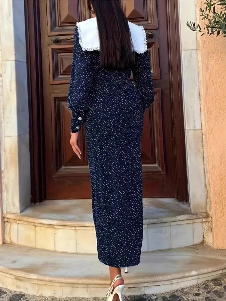 2025 Autumn Winter Dress Women Fall Trend Long Sleeve V-Neck Polka Dot Sexy Elegant Evening Party Skinny Stretch Maxi Bodycon