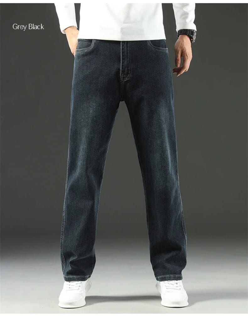 Men’s loose straight business casual jeans in dark wash denim with a straight-leg cut and classic five-pocket design.