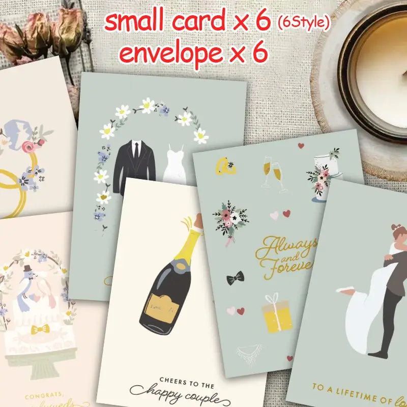 Ensemble de six petites cartes de vœux pour mariage sur le thème du mariage, avec des motifs illustrés sur des fonds pastel clairs et des enveloppes en kraft.
