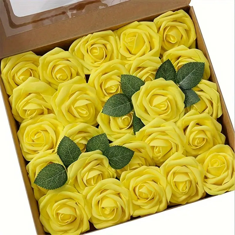 Une boîte de roses de fleurs artificielles jaune vif, fabriquées en mousse, avec des feuilles vertes et des tiges, pour la décoration.
