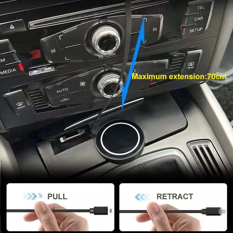 black retractable usb-a car charger cable designed for wireless car charger for Audi Q5 A4l A5 with cup holder compatibility
