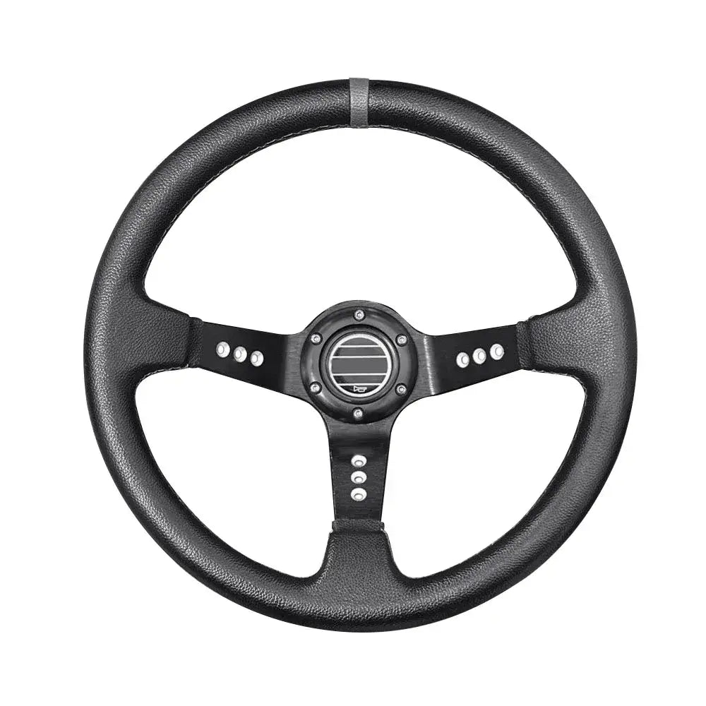 Volante de carreras universal de 14 pulgadas en PVC negro con envoltura de cuero negro, cubo central y detalles plateados.