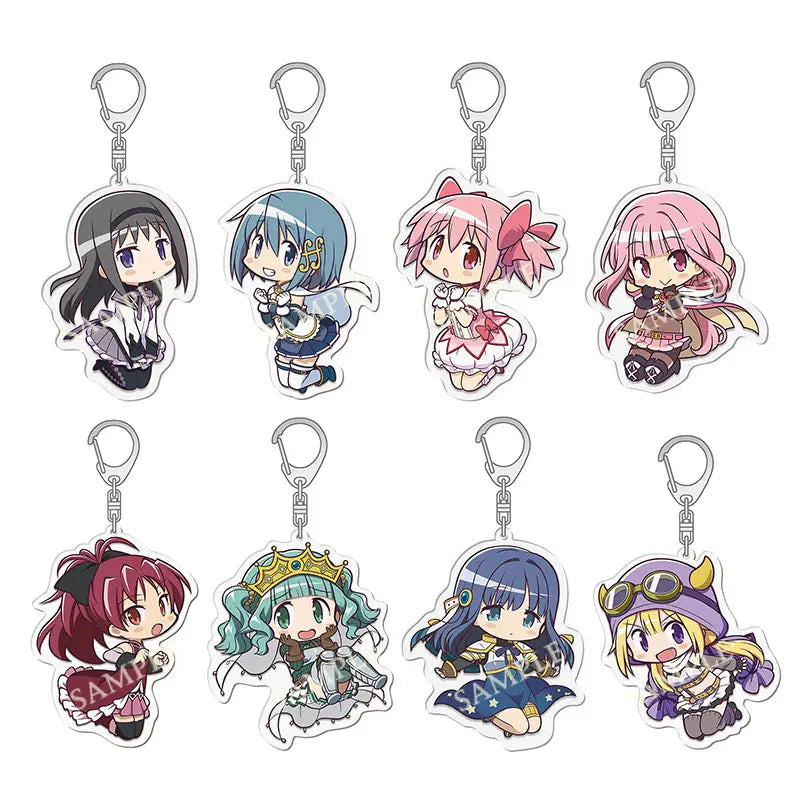 Set of eight madoka magica anime acrylic keychains featuring chibi-style characters with colorful hair and detailed outfits attached to silver-toned metal clips.