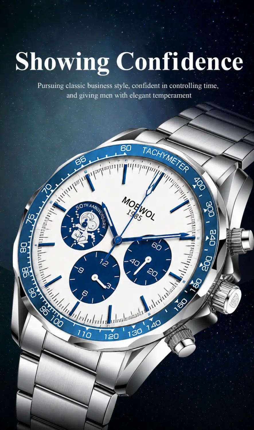 Herren-Silber-Chronograph-Quarzarmbanduhr aus Edelstahl mit weißem Zifferblatt, blauen Hilfszifferblättern und Einfassung sowie Edelstahlgliederarmband.