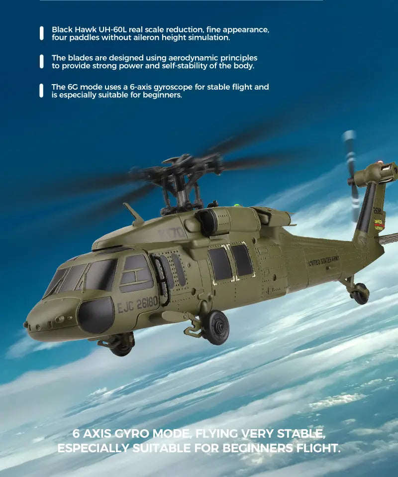 olive green wltoys k170 uh-60l remote control helicopter model with detailed markings and rotor blades featuring an 800mah 20c battery for extended flight time