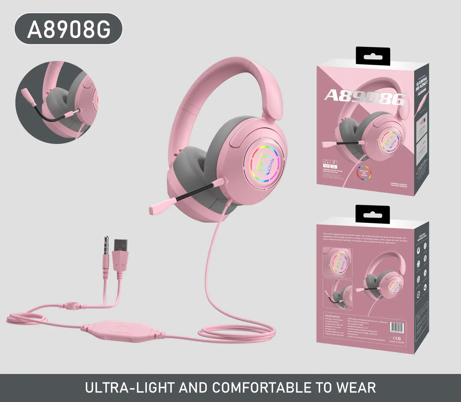 Auriculares para videojuegos con micrófono e iluminación RGB en color rosa y gris; cuentan con un brazo del micrófono flexible y un cable USB rosa a juego como característica clave para el uso con auriculares originales con cable.
