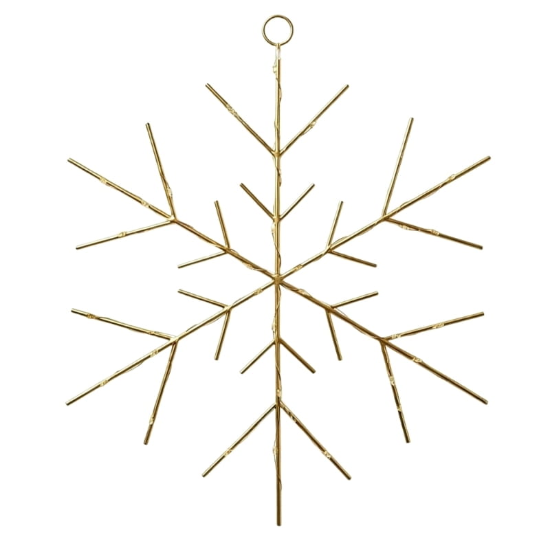 Gold-colored metal snowflake ornament with a hanging loop designed for Christmas trees and wreaths.