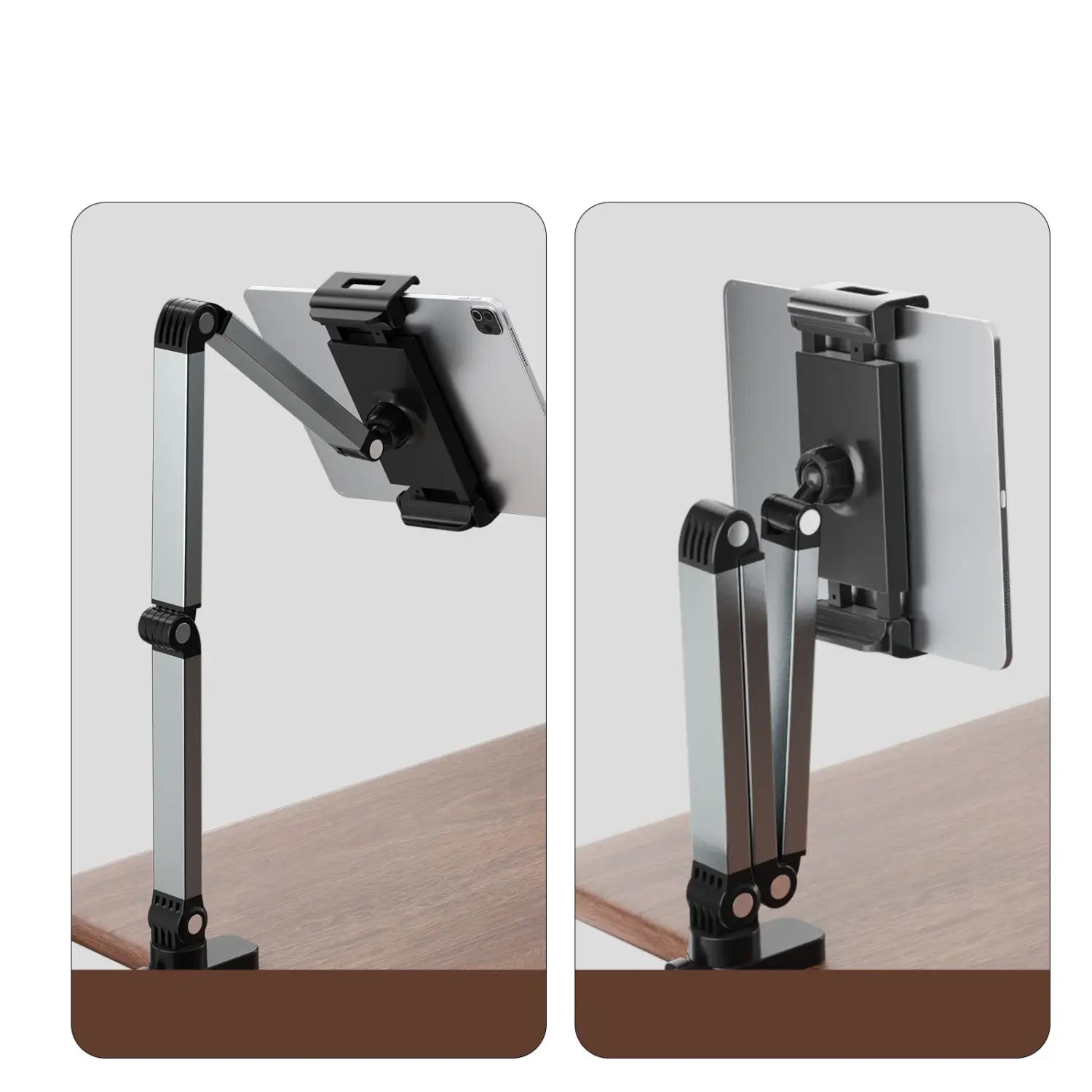 Verstellbare schwarze und silberfarbene Aluminium-Tablet-Tischhalterung mit 360°-Drehung und gelenkigen Armen für vielseitige Ausrichtung.
