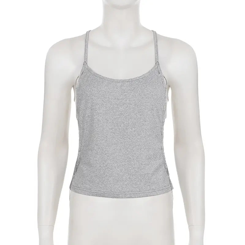 Women's Chic Summer Strappy Back Tank Top in Soft Gray Minimalist Open Back Design with Delicate Crisscross Detailing Camisoles