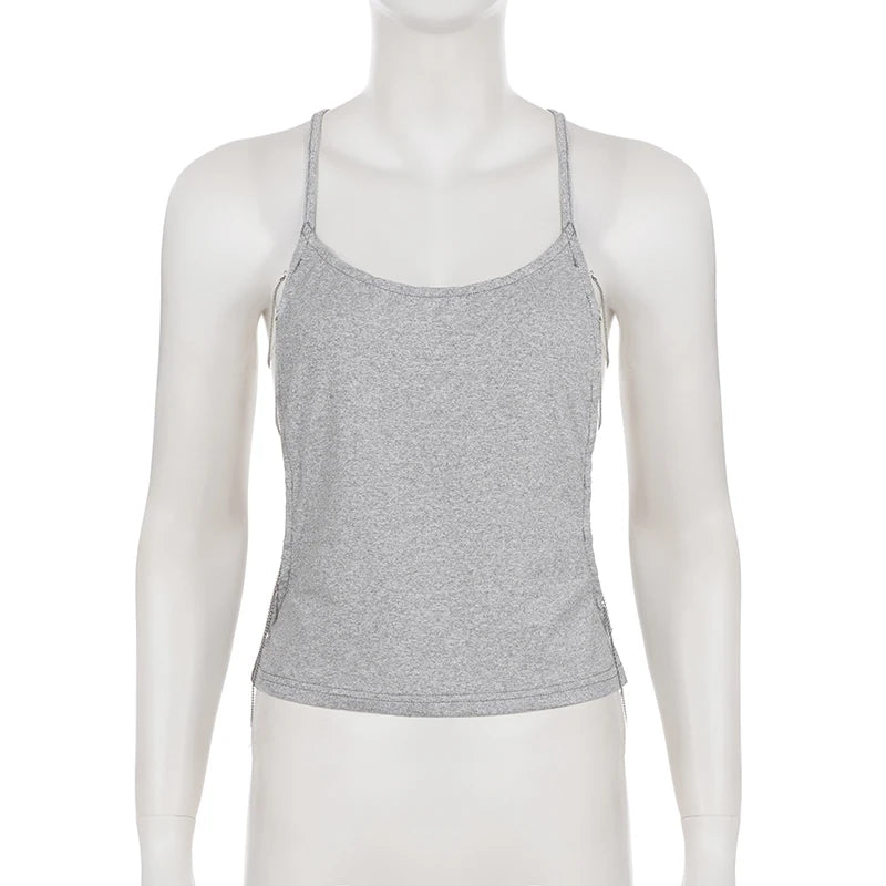 Women's Chic Summer Strappy Back Tank Top in Soft Gray Minimalist Open Back Design with Delicate Crisscross Detailing Camisoles