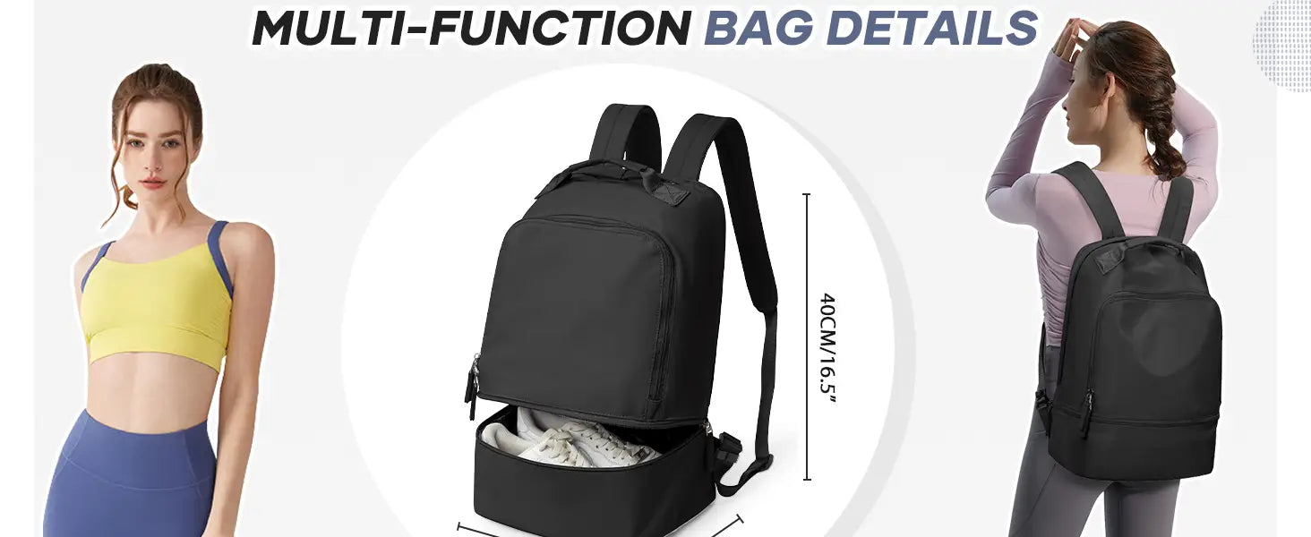Black nylon fitness travel backpack with shoe compartment featuring adjustable straps and a front zippered compartment.