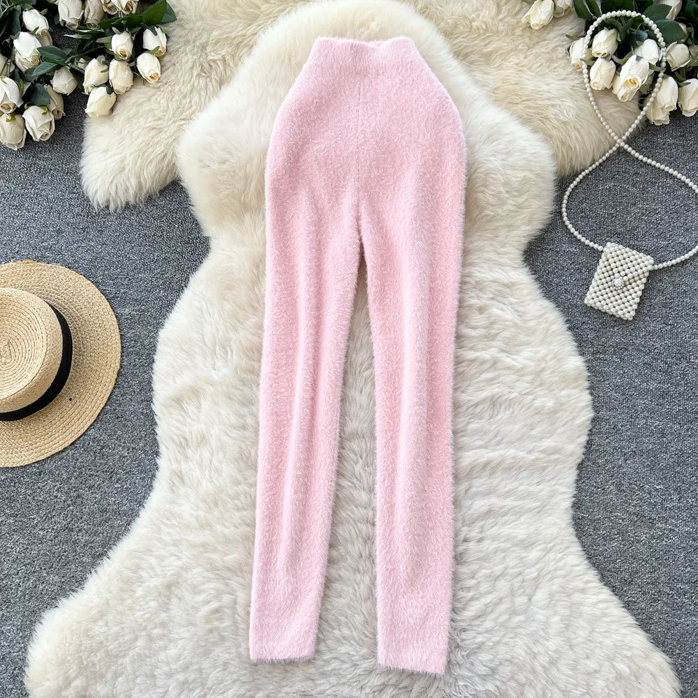 Women Faux Mink Cashmere Leggings High Waist Warm Knitted Thermal Pants Soft Elastic Slim Fit Winter Bottoms Female Casual Home
