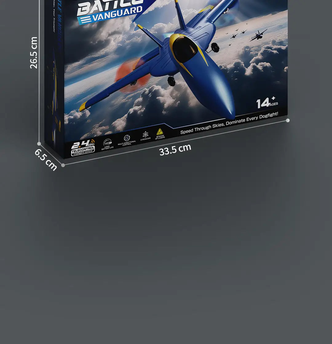Blue and yellow remote control F18 Hornet foam glider jet toy in a battle vanguard box.