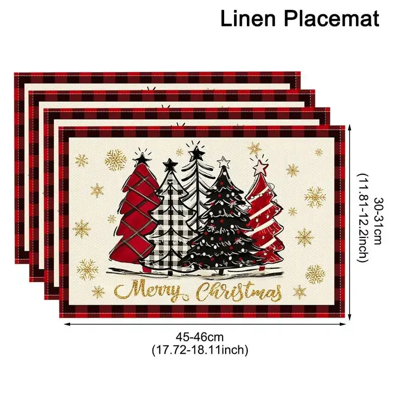 Red and black plaid linen christmas tree placemat with gold snowflakes and merry christmas text visible from above