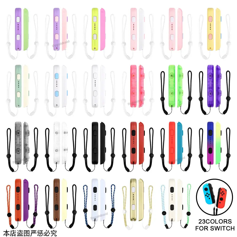 Colección de cubiertas de agarre coloridas para Nintendo Switch Joy-Con en diversos materiales, cada una equipada con un par de cuerda para la mano y correa para la muñeca para un manejo seguro de las Joy-Con de la Switch