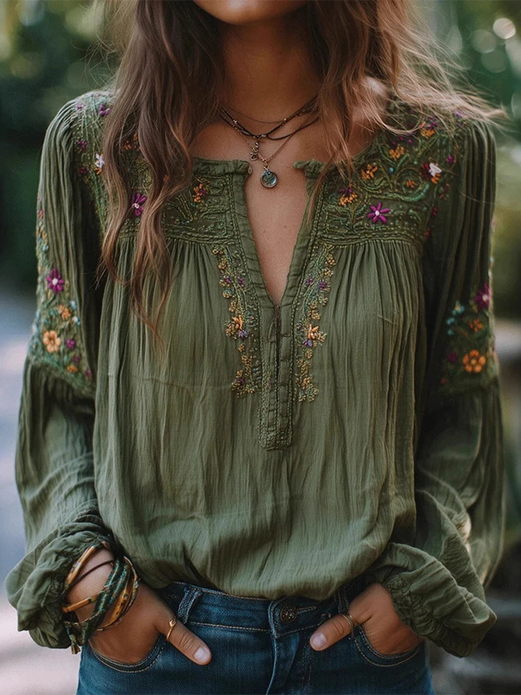 Ethnic Style Women's Blouse Retro Flower Pattern Loose V- Neck Pullover Shirt Casual Spring Ruched Tops 2026 Blusas femme