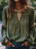 Ethnic Style Women's Blouse Retro Flower Pattern Loose V- Neck Pullover Shirt Casual Spring Ruched Tops 2026 Blusas femme