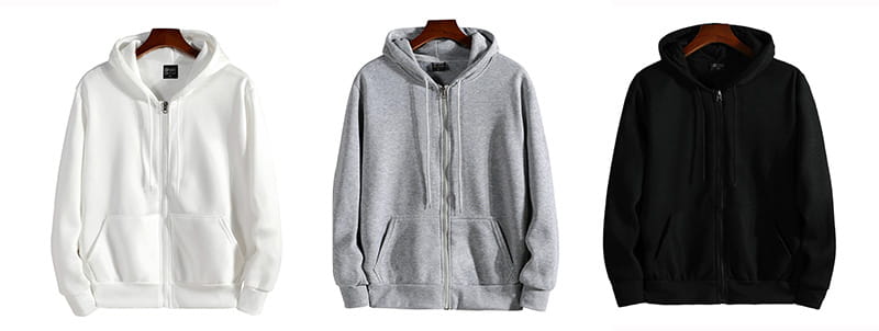 Three men zip up hooded sweatshirts in white heather gray and black featuring front zippers kangaroo pockets ribbed cuffs and hems made of cotton blend for casual wear.