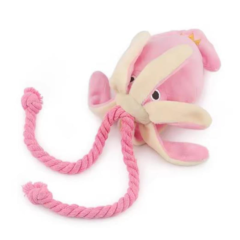 Pink plush octopus chew toy with cream-colored tentacles and a rope tail designed as a sound plush dog toy.