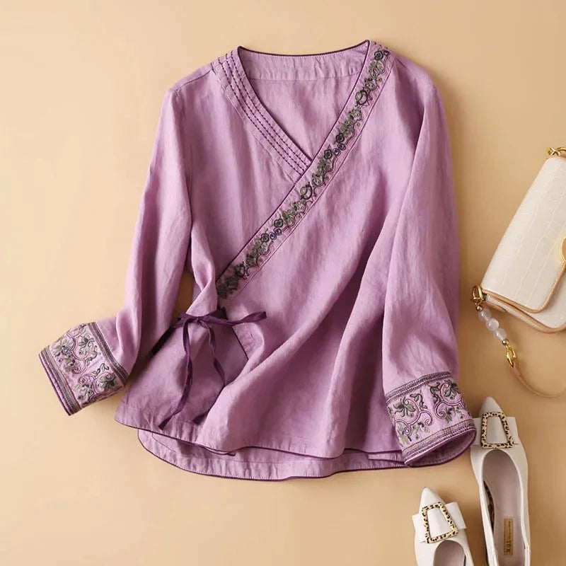 Women Ethnic Style Linen Cotton Blouse Summer Embroidered Wrap Top 3/4 Sleeve Tie Waist Loose Breathable Retro Casual Daily Wear