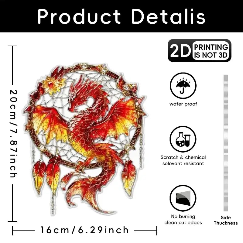 Un atrapasueños acrílico vibrante de dragón rojo y naranja, con acentos dorados intrincados y encaje delicado, visto de frente.