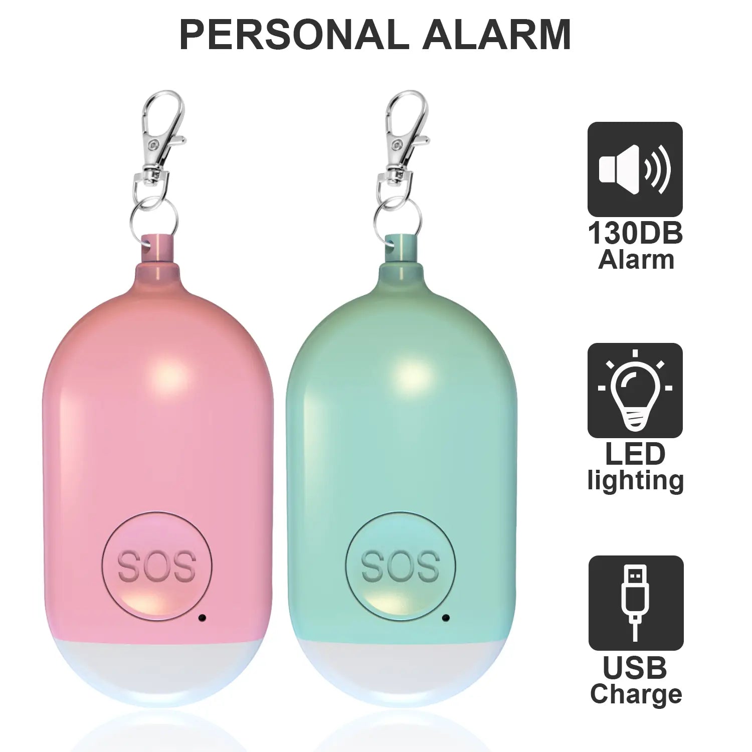 Rechargeable personal alarm keychain in pink and mint green with a sleek oval-shaped design featuring an sos button and keychain attachment for emergency use.